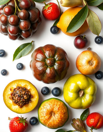Colorful fruits and berries on white background, flat lay, top viewの写真素材