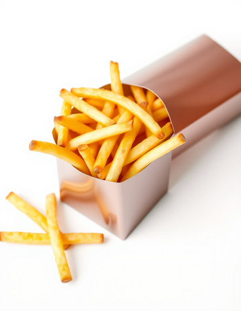 French fries in a paper box on a white background. Shallow dof.の写真素材