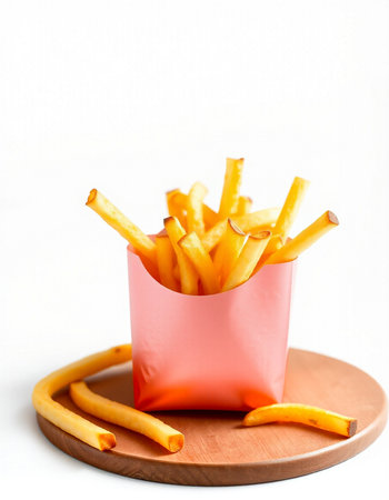 French fries in a pink paper bag on a wooden board, white backgroundの写真素材