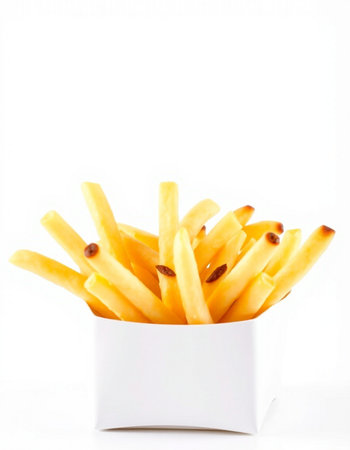 French fries in white box isolated on white background. Selective focus.