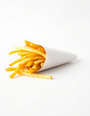 Golden French fries potatoes on white background. Fast food concept. Copy space.の写真素材