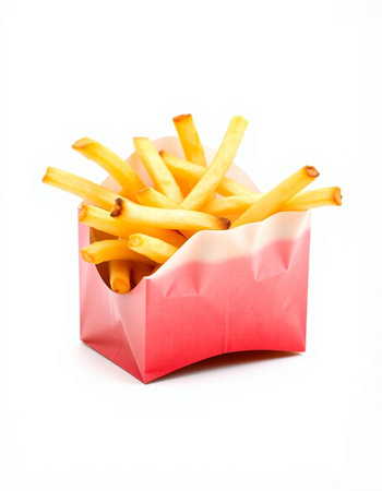 French fries in a paper box isolated on white background. Fast food.