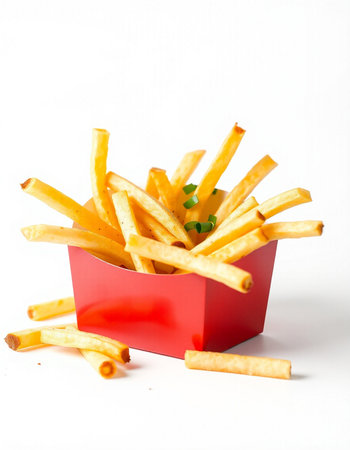 French fries in a red box on a white background, close-up
