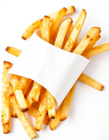 French fries with white paper on white background. Shallow dof.