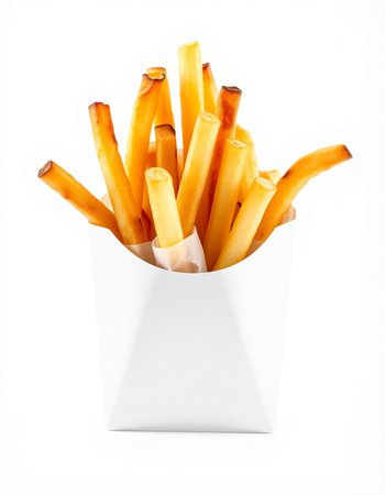 French fries in paper box isolated on white background. Close up.