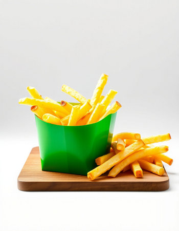French fries in a green bowl on a wooden board on a white backgroundの写真素材