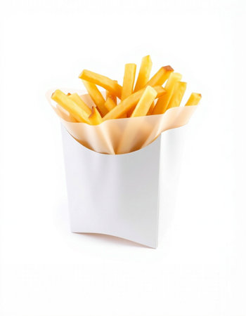French fries in a paper box isolated on white background. Fast food.