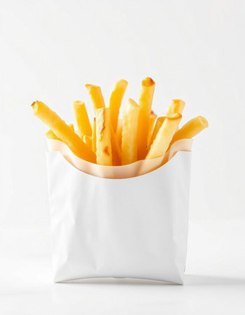 French fries in a white paper bag on a white background, close-up