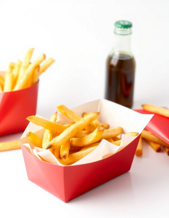 French fries in red box and bottle of cola on white backgroundの写真素材