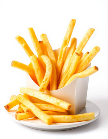 French fries in a white box on a white background. Selective focus.