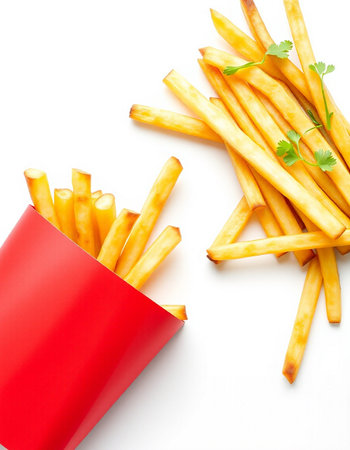 French fries in a red paper box isolated on white background. Top view.の写真素材