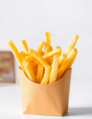 French fries in paper box on white background. Selective focus.