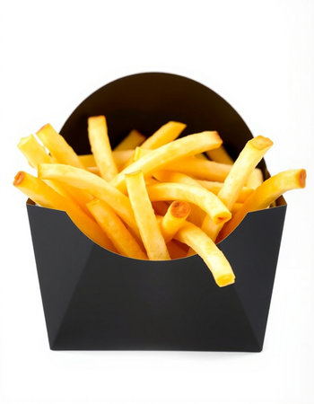 French fries in black box isolated on white background. Fast food.