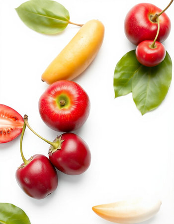 Fruits and vegetables isolated on white background. Healthy food concept.