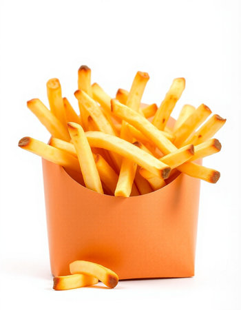 French fries in a paper box isolated on white background. Selective focus.