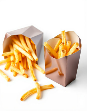 French fries in a paper box on a white background. Fast food.