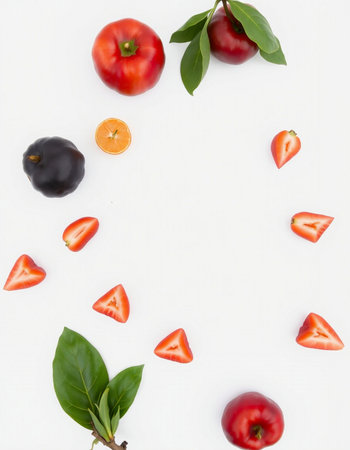 Red and black fruits on white background. Flat lay, top viewの写真素材
