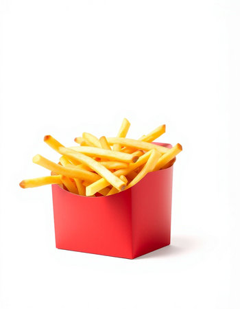 Golden French fries in a red box isolated on white background. Fast food.の写真素材