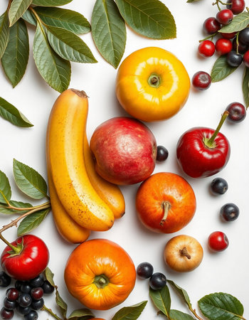 Fruits on a white background. Flat lay, top viewの写真素材