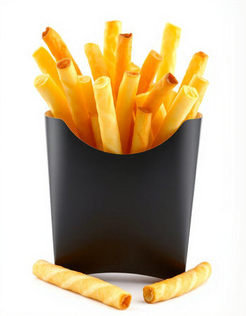 French fries in a black box on a white background. Isolated