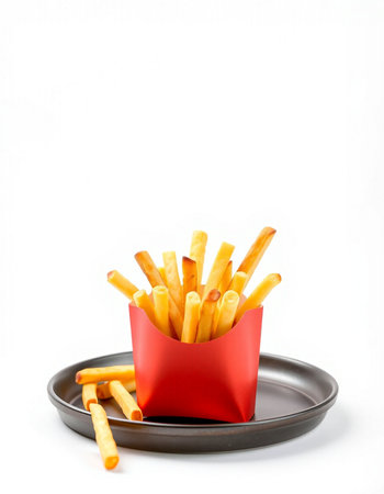 French fries in a black plate on a white background. Isolated
