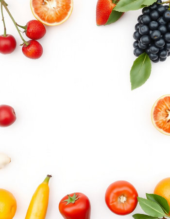 Fruits and vegetables on white background. Flat lay, top viewの写真素材