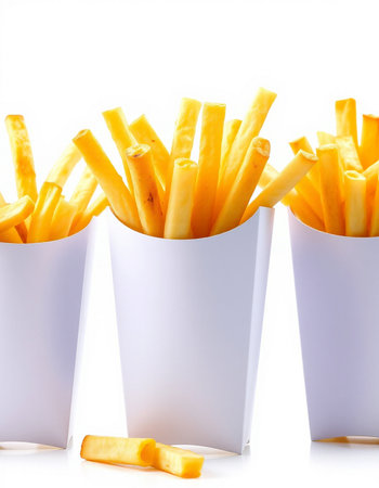 French fries in paper cups isolated on white background. Close up.