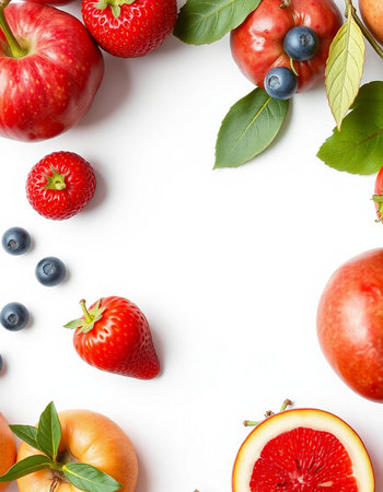 Fresh fruits and berries on white background. Flat lay, top viewの写真素材