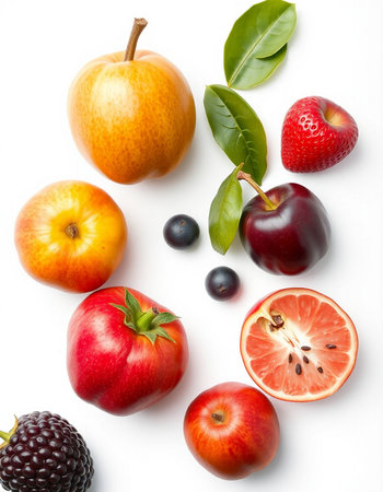 Fruits and berries isolated on a white background. Top view.の写真素材