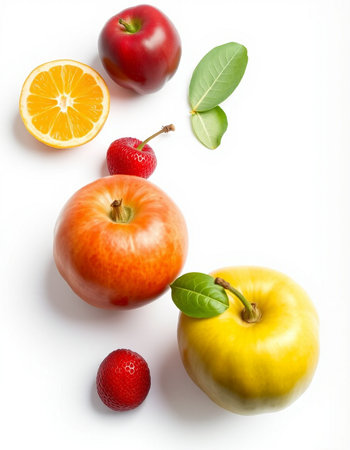 Fruits and berries on white background. Flat lay, top viewの写真素材