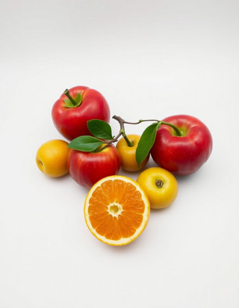 Fruits on a white background. Orange, apple, tangerineの写真素材