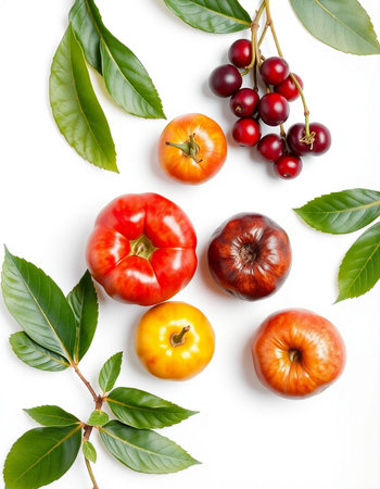 Flat lay composition with different fruits and leaves on white background.の写真素材