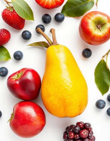Fruits and berries on white background. Flat lay, top viewの写真素材