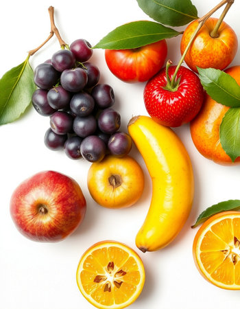 Fruits isolated on white background. Healthy food concept. Top view