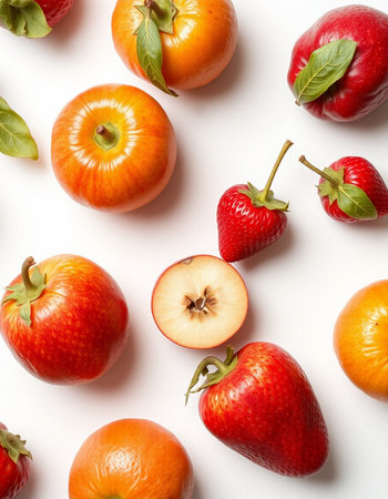 Red apples and strawberries on a white background. Flat lay, top viewの写真素材