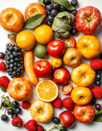 Variety of fruits and vegetables on white background. Top view.の写真素材