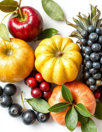 Fresh fruits and vegetables on white background, top view, close up