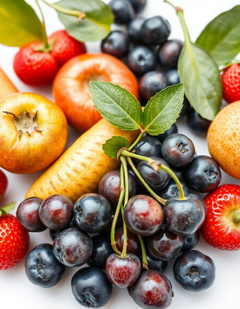 Fresh fruits and vegetables on a white background. Selective focus.