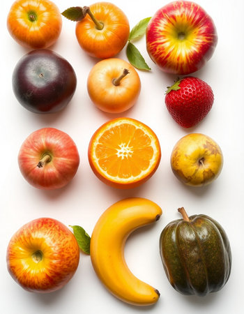 Fruits on a white background. Flat lay, top view.の写真素材