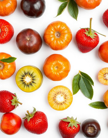 Strawberry, kiwi, strawberry and cherry on white backgroundの写真素材