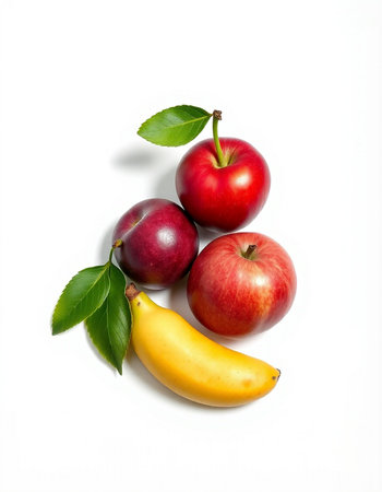 Fruits isolated on white background. Apple, banana and plum.の写真素材