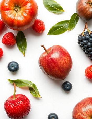 Composition with ripe fruits and berries on white background, top viewの写真素材