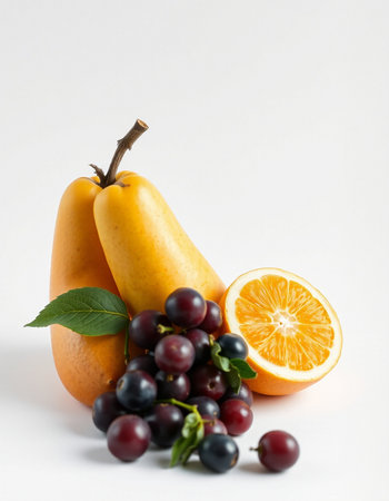 Fruits on a white background. Orange, grape and pear.の写真素材