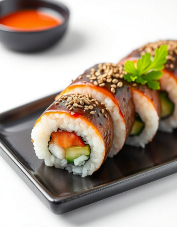 Sushi roll with salmon, cucumber, cream cheese and sesame seedsの写真素材
