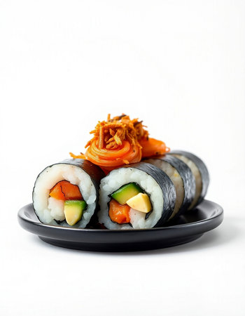 Sushi rolls on a black plate isolated on a white background.の写真素材