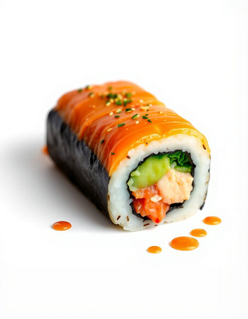 Sushi roll with salmon, cream cheese and sauce on white background