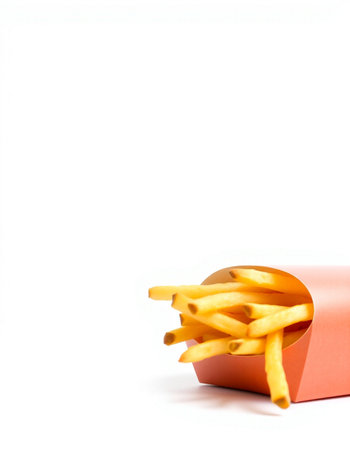 French fries in paper box isolated on white background with copy space.