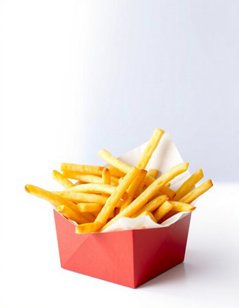 French fries in a red box on white background. Fast food.