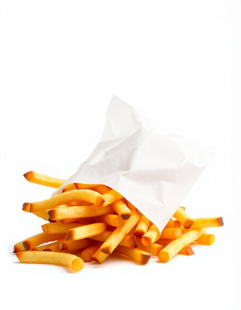 French fries with paper bag on white background. Selective focus.