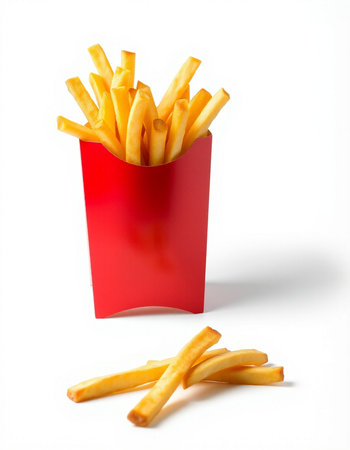 French fries in a red box on a white background. Isolatedの写真素材